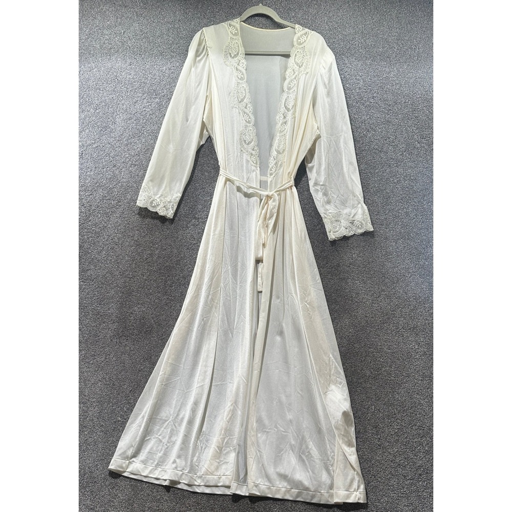 Vintage Olga Ivory Lace Trim Long Peignoir Robe Womens XL Made in USA Romantic
